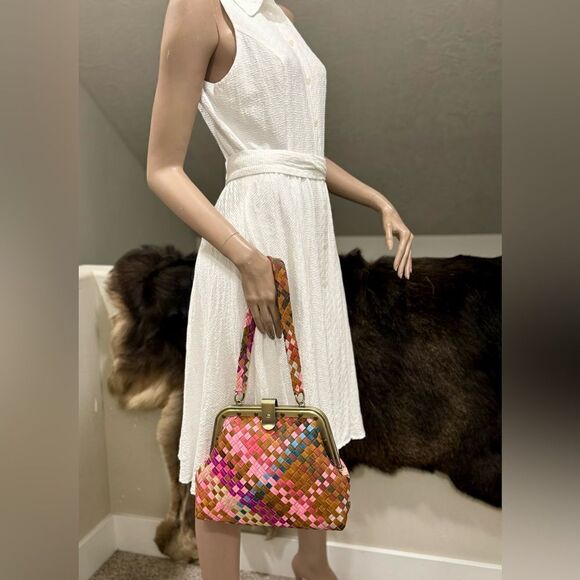 Colorful Genuine Woven Leather Retro Metal Frame & Push Lock Handbag, Crossbody - Picture 6 of 16